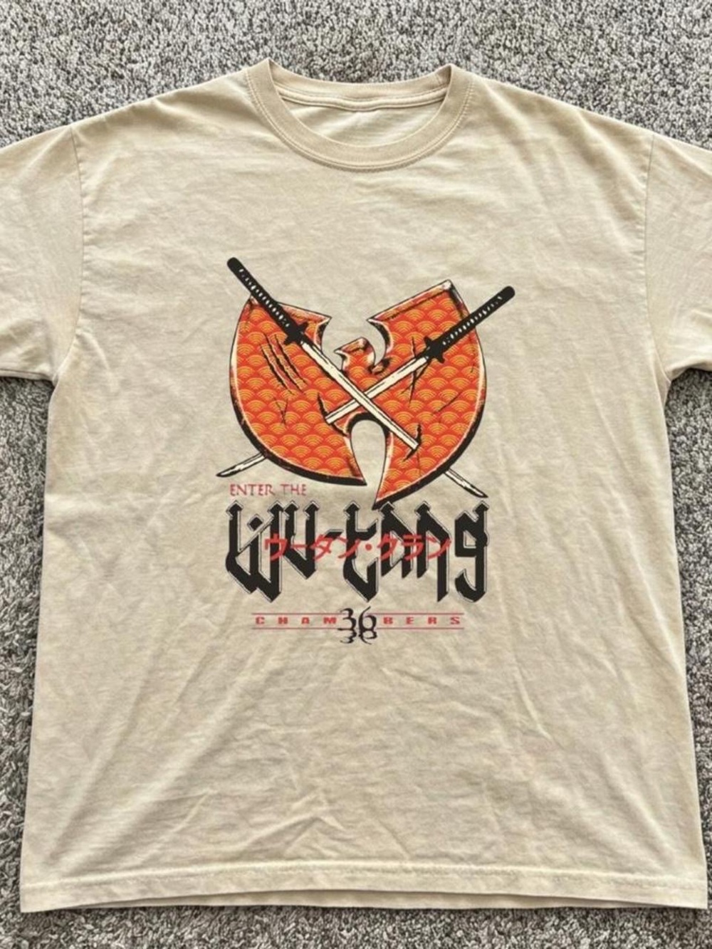 Gildan Beige Short-Sleeve Tee with Orange and Black Graphic